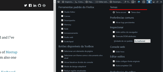 Configurações de tema do DevTools do Firefox